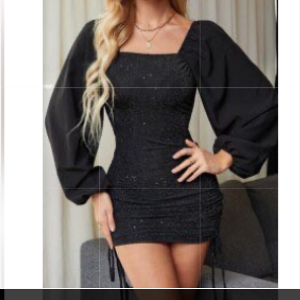 SHEIN Black Lantern Sleeve Dress with Tie Back